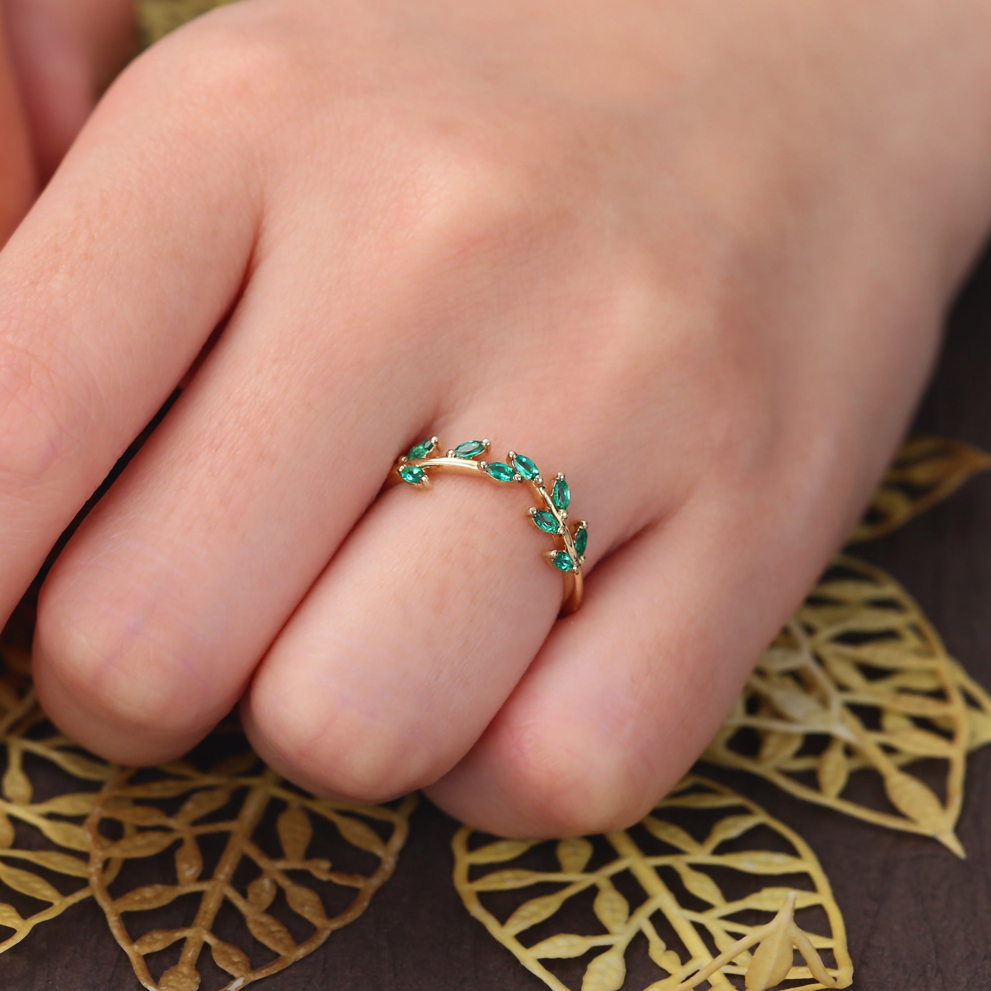 Yellow gold wedding band women Lab emerald wedding ring 10k/14k/18k/925silver