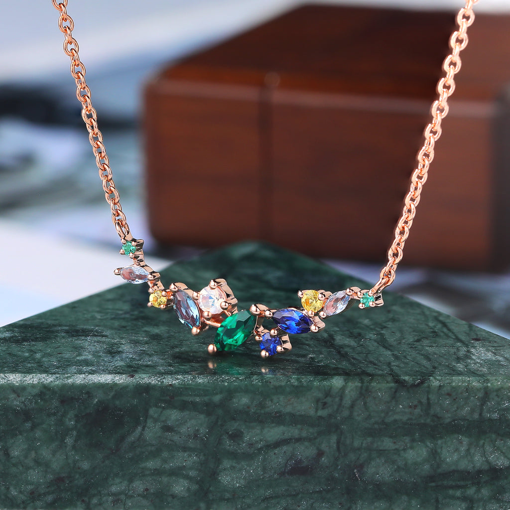 Cluster Aquamarine Alexandrite Lab Emerald Lab Sapphire & Moonstone Slightly Curved Necklace for women