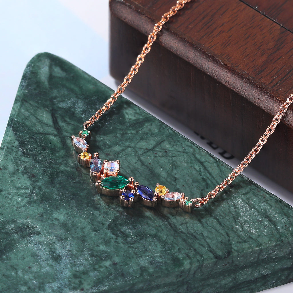 Cluster Aquamarine Alexandrite Lab Emerald Lab Sapphire & Moonstone Slightly Curved Necklace for women
