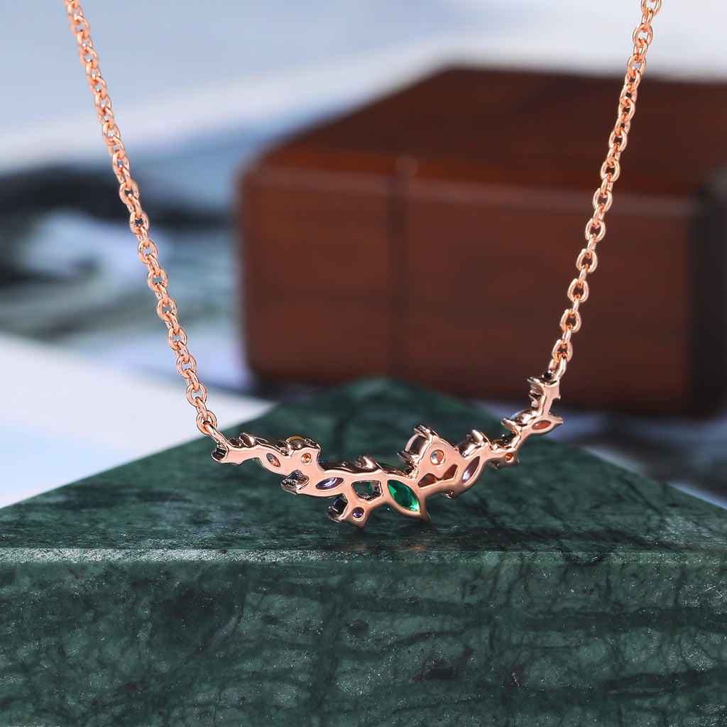 Cluster Aquamarine Alexandrite Lab Emerald Lab Sapphire & Moonstone Slightly Curved Necklace for women