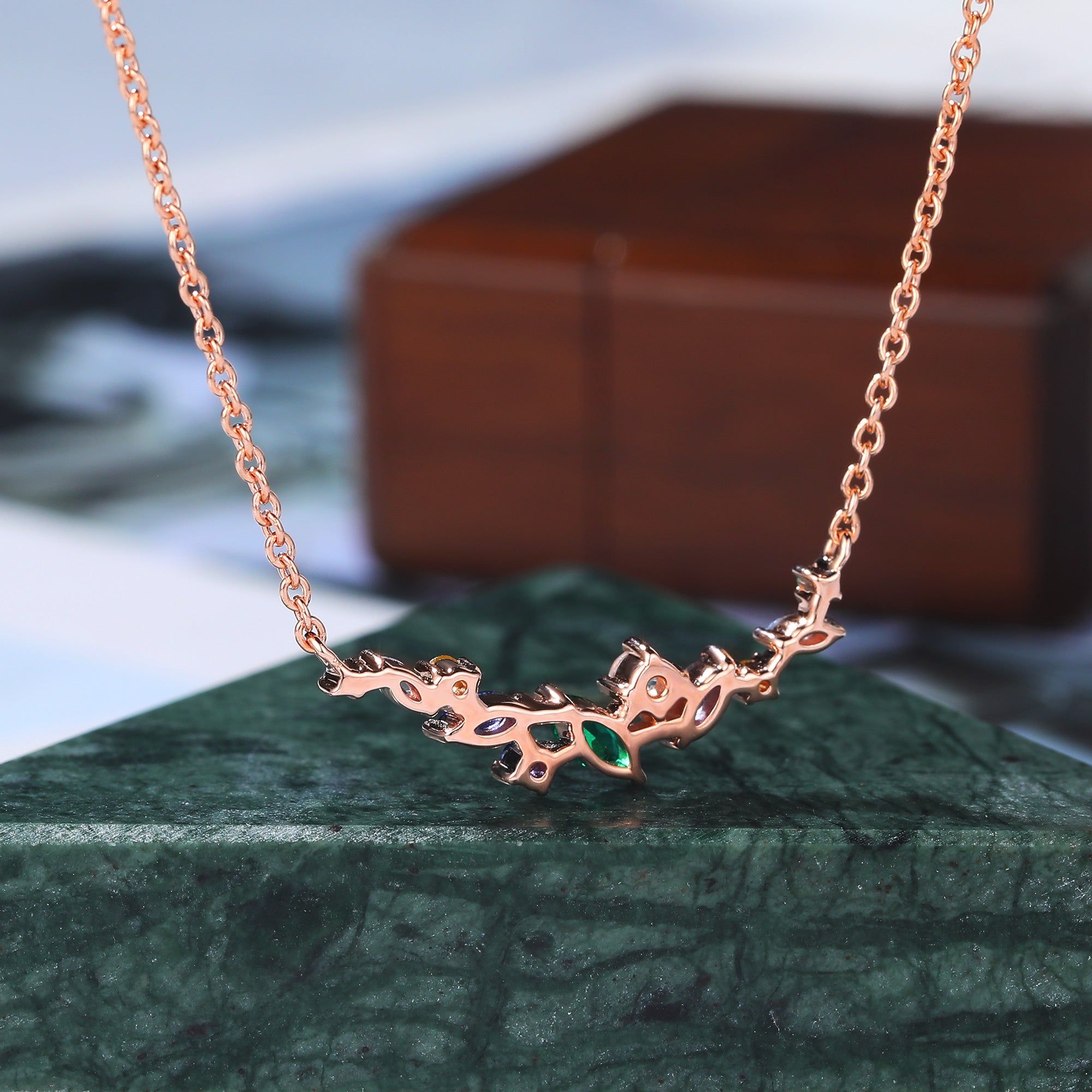 Cluster Aquamarine Alexandrite Lab Emerald Lab Sapphire & Moonstone Slightly Curved Necklace for women