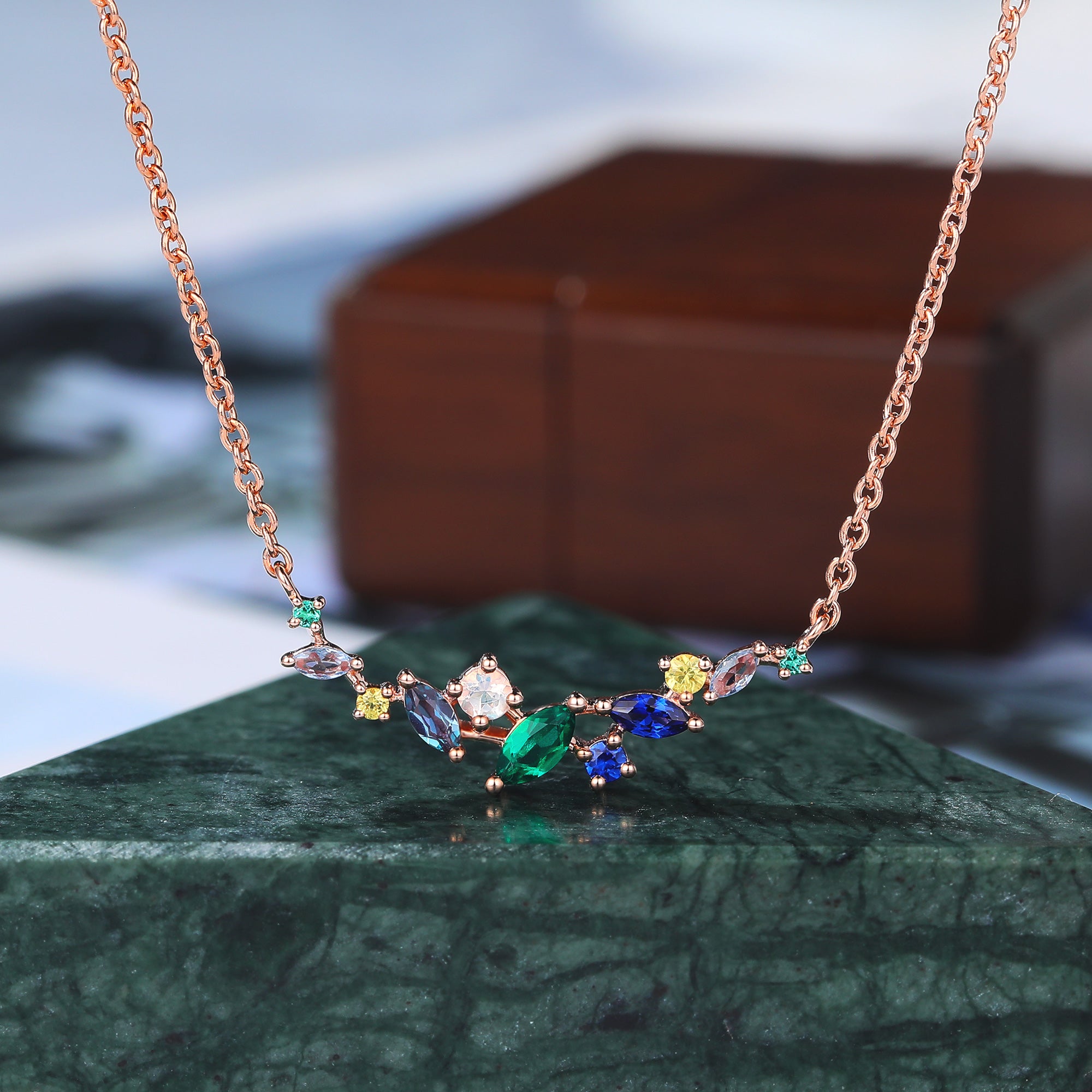 Cluster Aquamarine Alexandrite Lab Emerald Lab Sapphire & Moonstone Slightly Curved Necklace for women