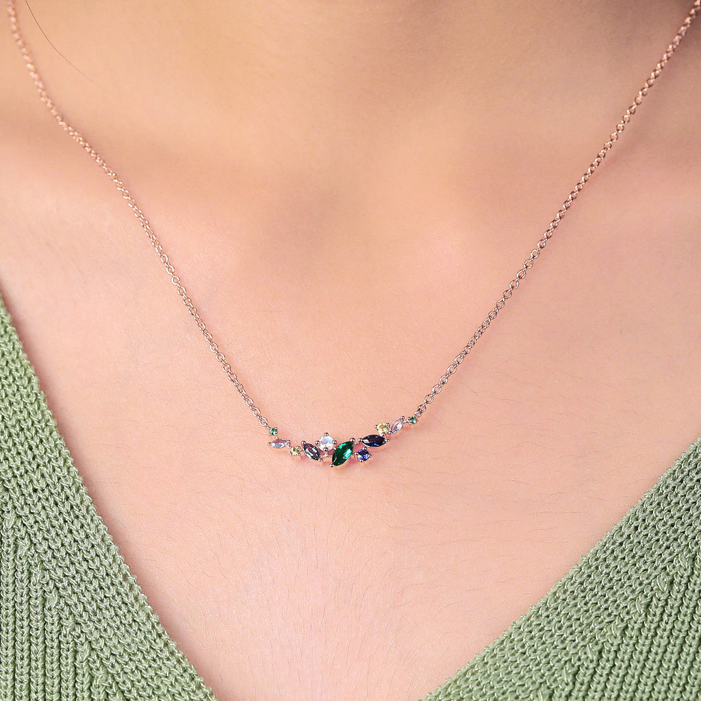 Cluster Aquamarine Alexandrite Lab Emerald Lab Sapphire & Moonstone Slightly Curved Necklace for women