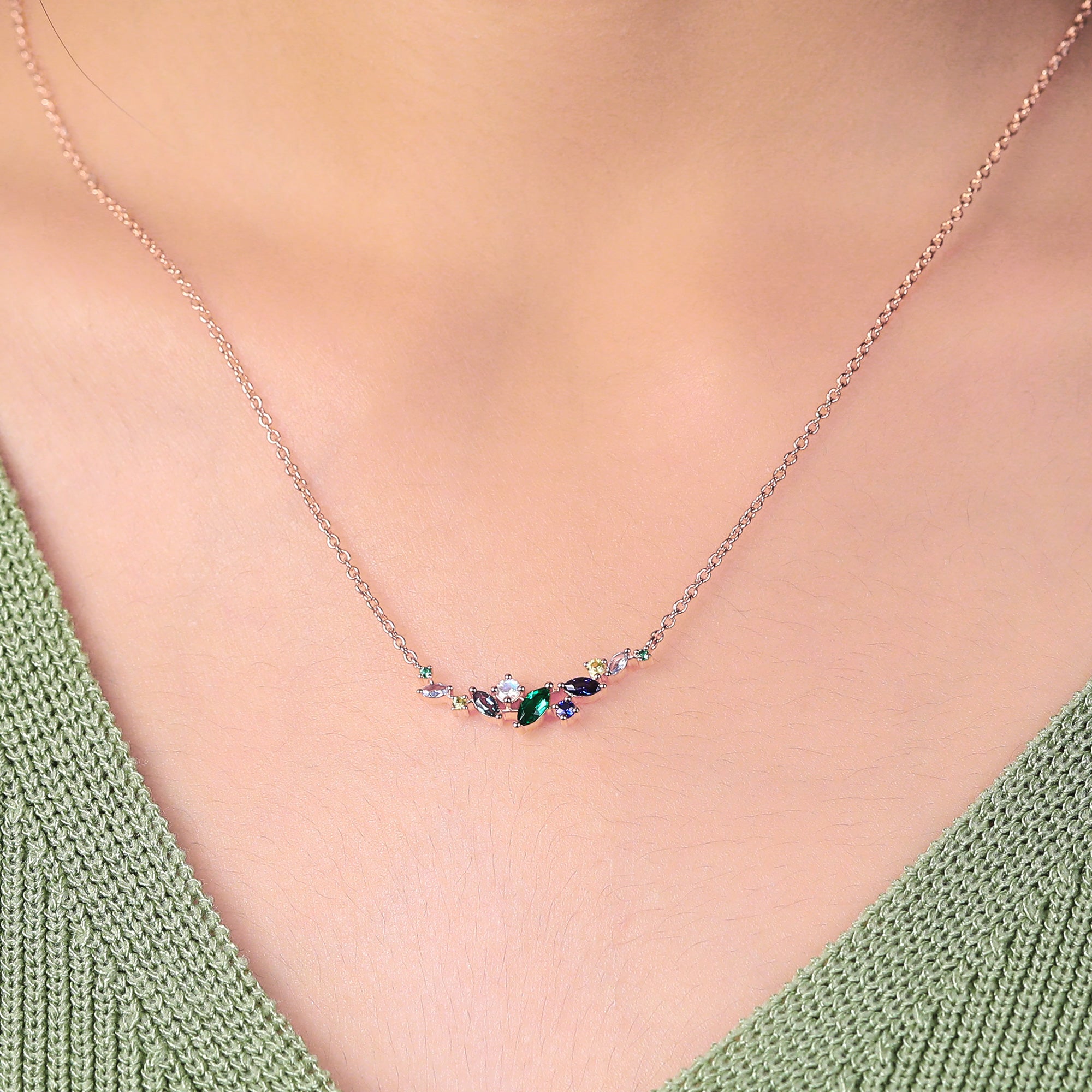 Cluster Aquamarine Alexandrite Lab Emerald Lab Sapphire & Moonstone Slightly Curved Necklace for women