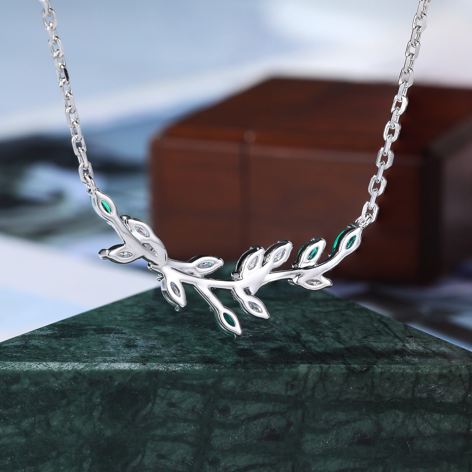 Marquise cut Lab Emerald white gold Twig Necklace For Women , moissanite Tree branch shape Necklace