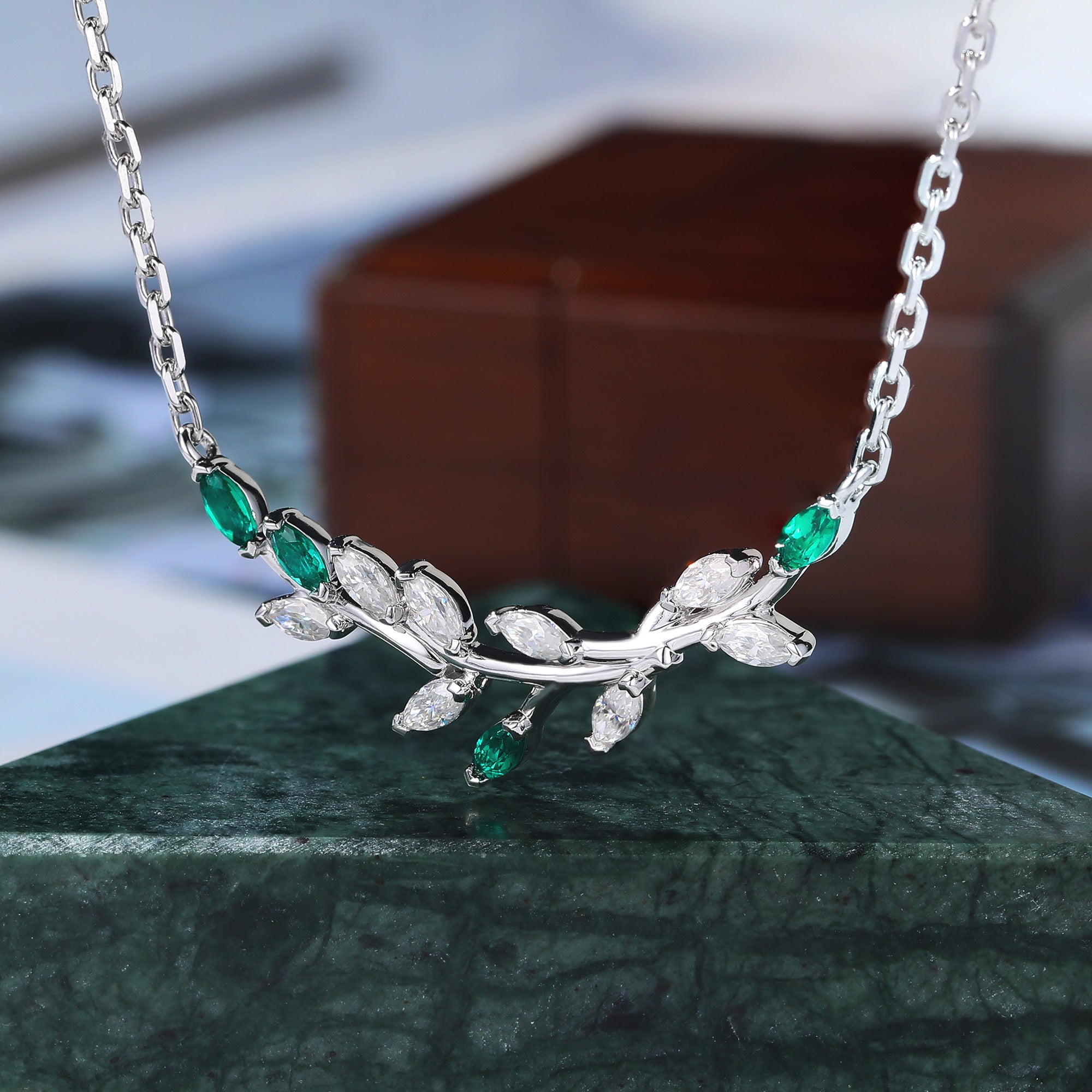 Marquise cut Lab Emerald white gold Twig Necklace For Women , moissanite Tree branch shape Necklace