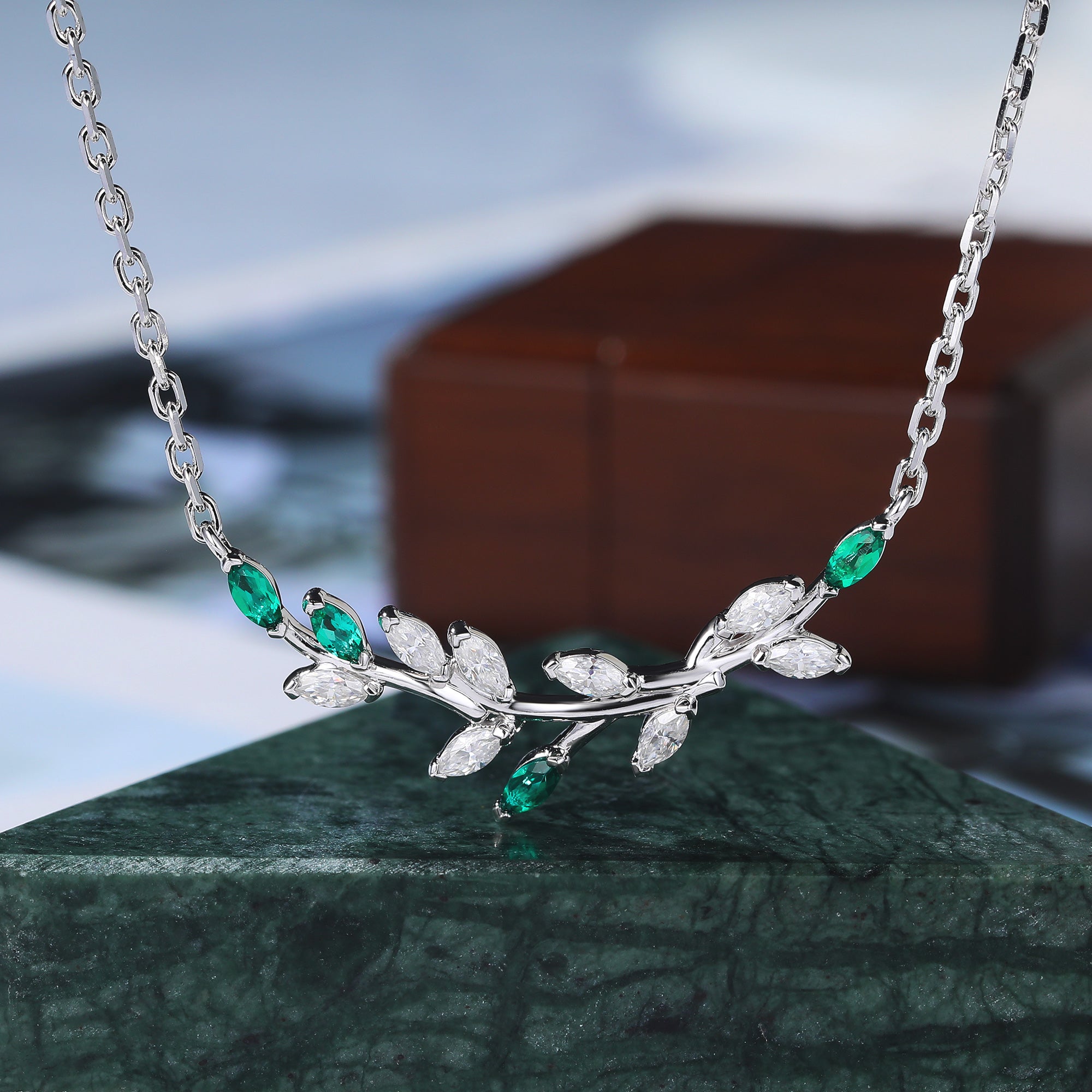 Marquise cut Lab Emerald white gold Twig Necklace For Women , moissanite Tree branch shape Necklace