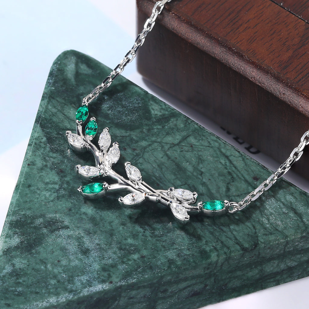 Marquise cut Lab Emerald white gold Twig Necklace For Women , moissanite Tree branch shape Necklace