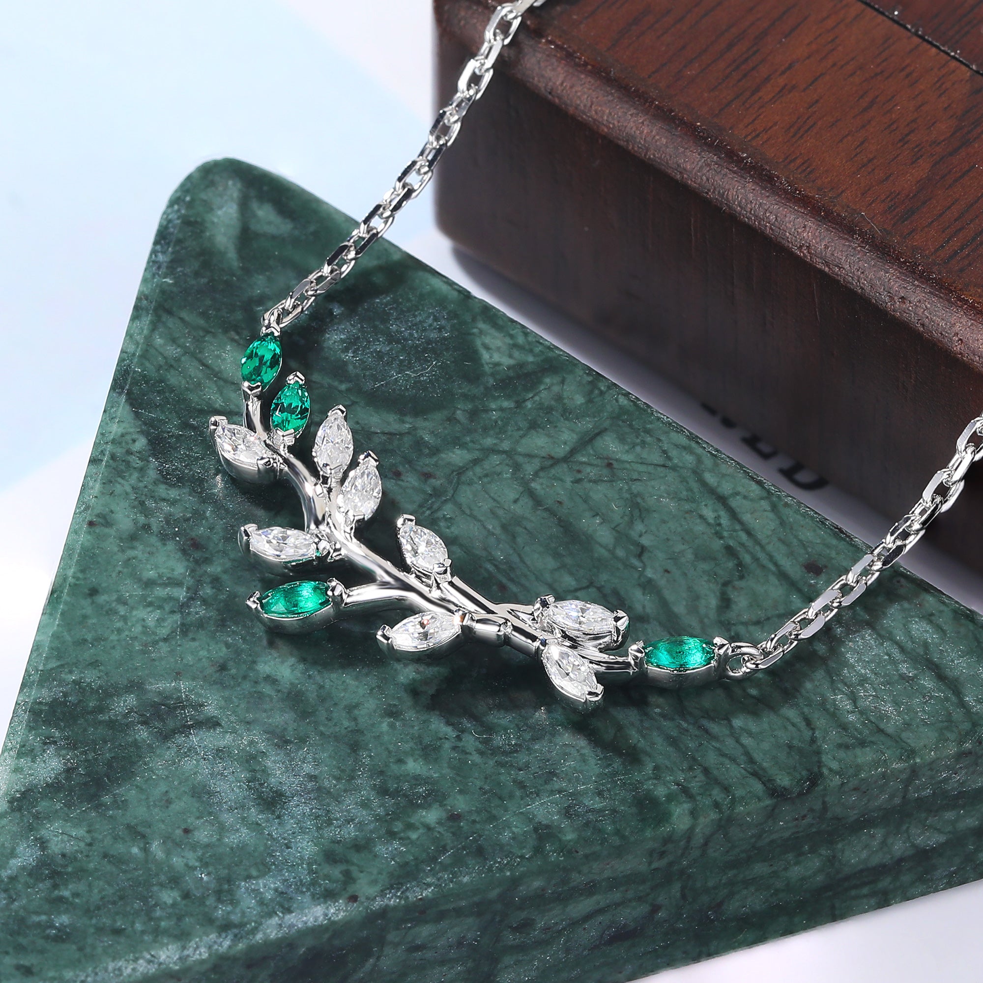 Marquise cut Lab Emerald white gold Twig Necklace For Women , moissanite Tree branch shape Necklace