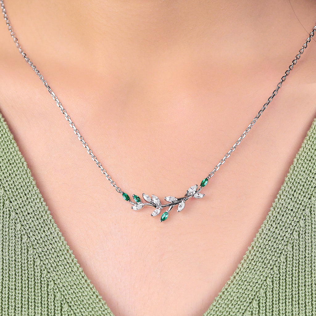 Marquise cut Lab Emerald white gold Twig Necklace For Women , moissanite Tree branch shape Necklace
