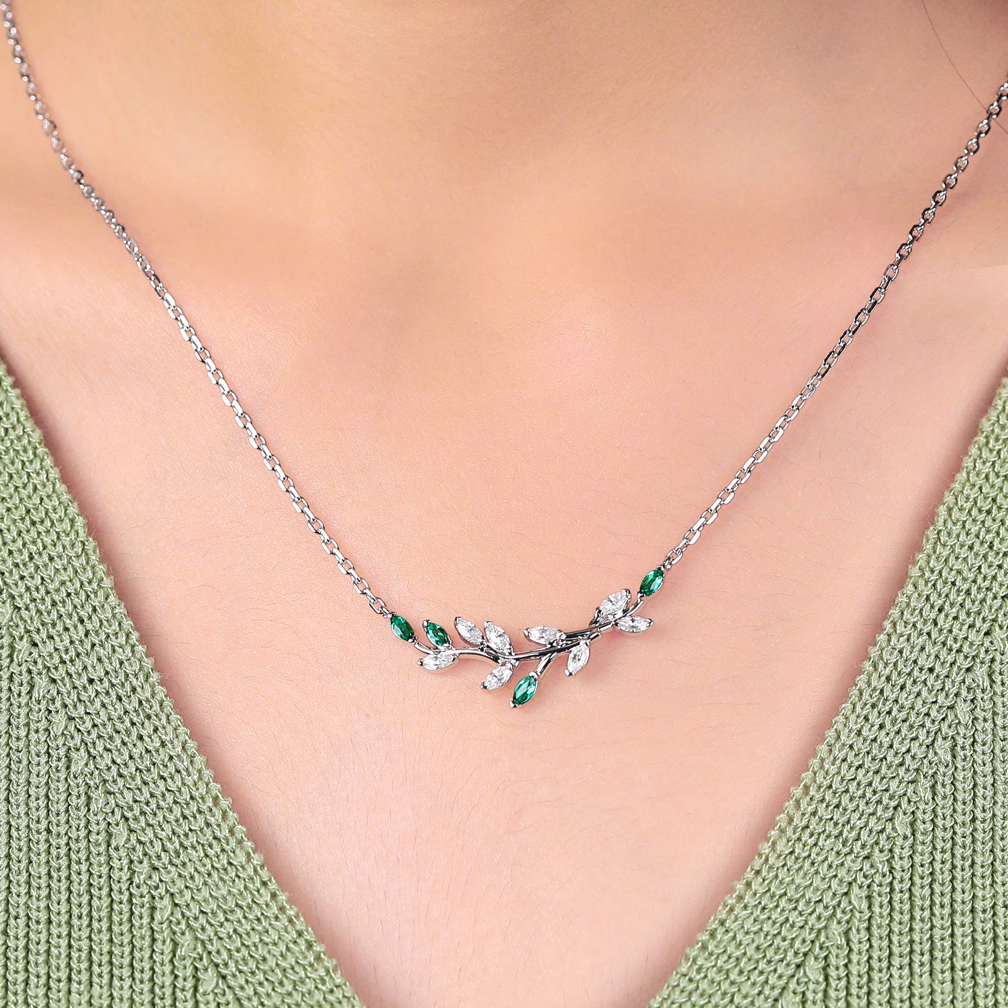 Marquise cut Lab Emerald white gold Twig Necklace For Women , moissanite Tree branch shape Necklace