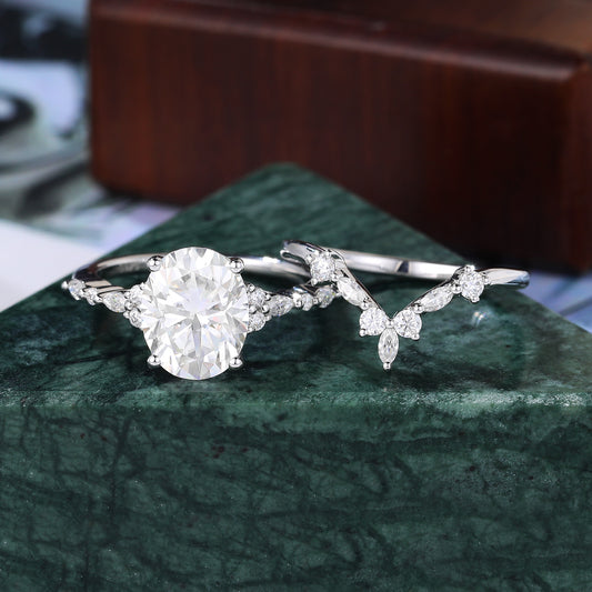 2.5ct Oval cut Lab grown Diamond white gold Engagement Ring Set, Cluster  Rose/white/yellow Gold Bridal Wedding band Unique ring 10k/14k/18k