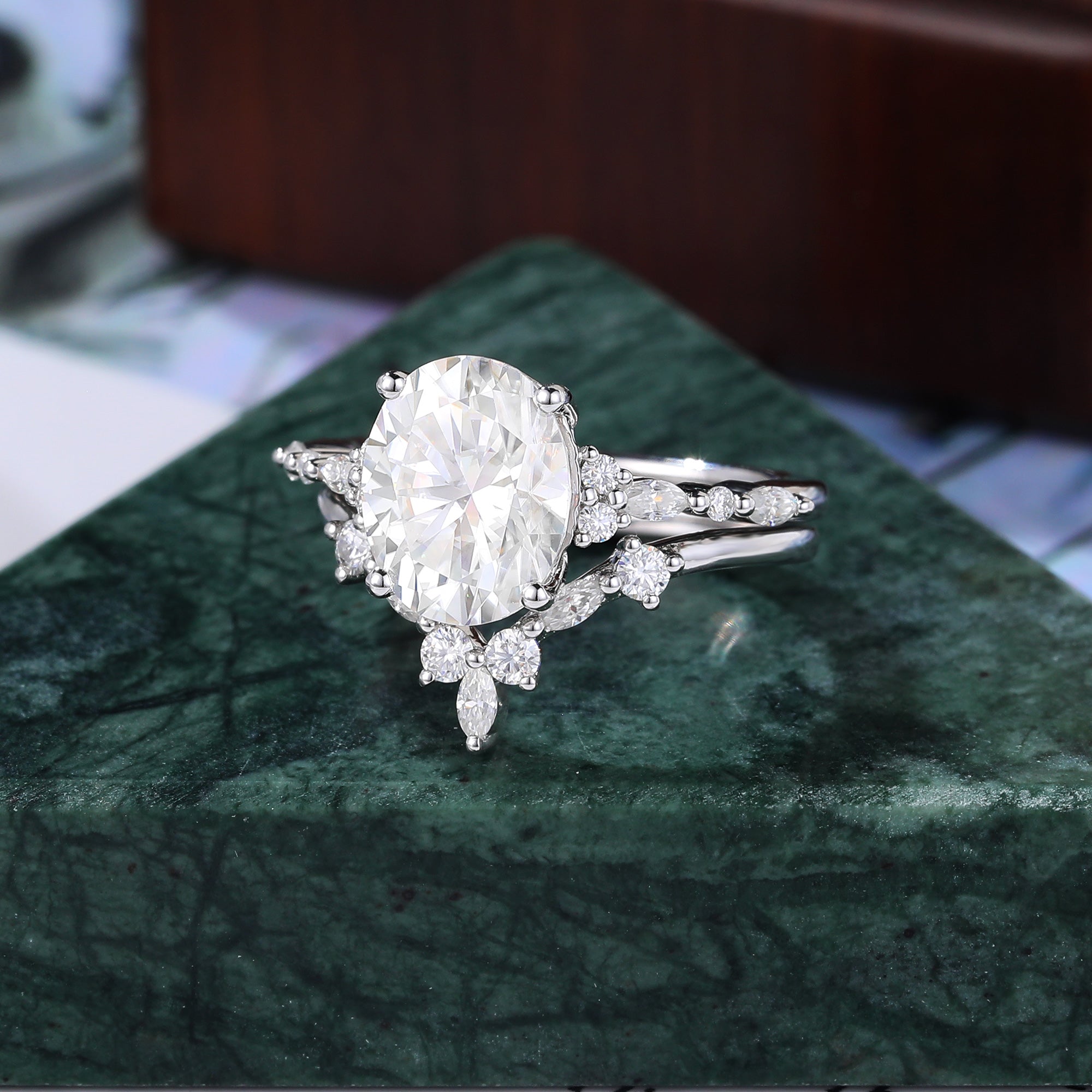 Oval cut Moissanite white gold Engagement Ring Set, Cluster  Rose/white/yellow Gold Bridal Wedding band Unique ring