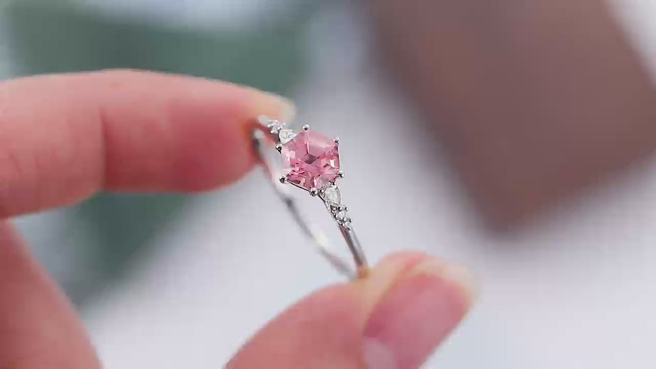 Hexagon cut Lab Pink Sapphire white gold engagement ring